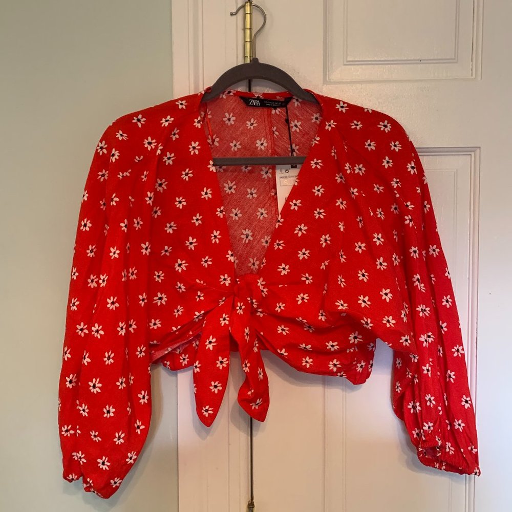 Zara Red Floral Cropped Front-Tie Blouse